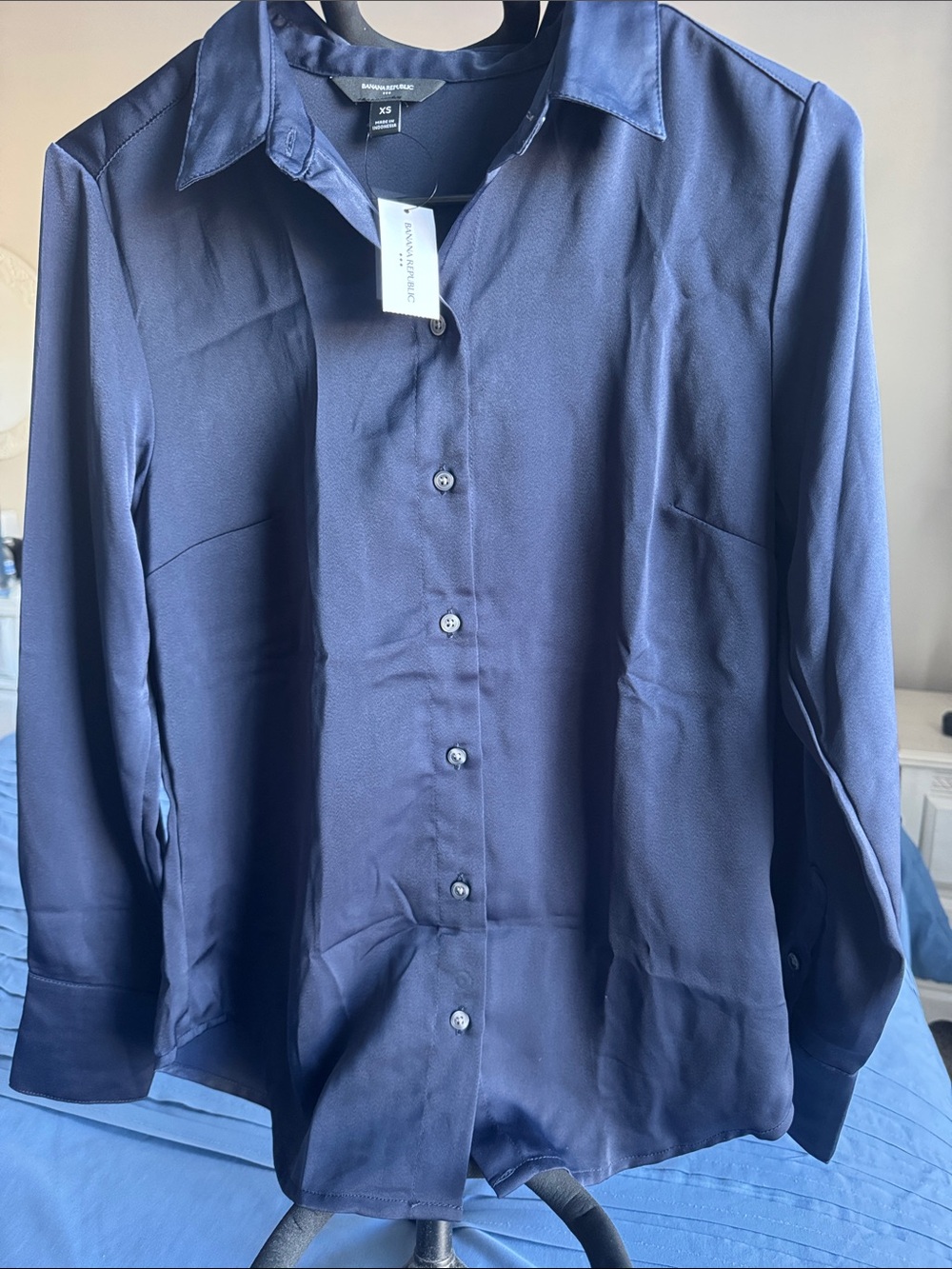 Banana Republic Navy Blue Long-Sleeve Silk Button Shirt